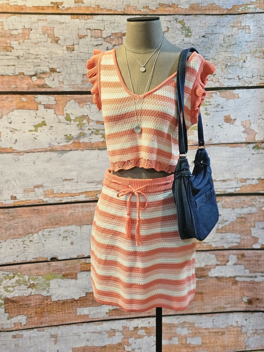 Madden NYC Striped Crochet Knit 2 Piece Set Coral Pink Ruffle Sleeve Size L